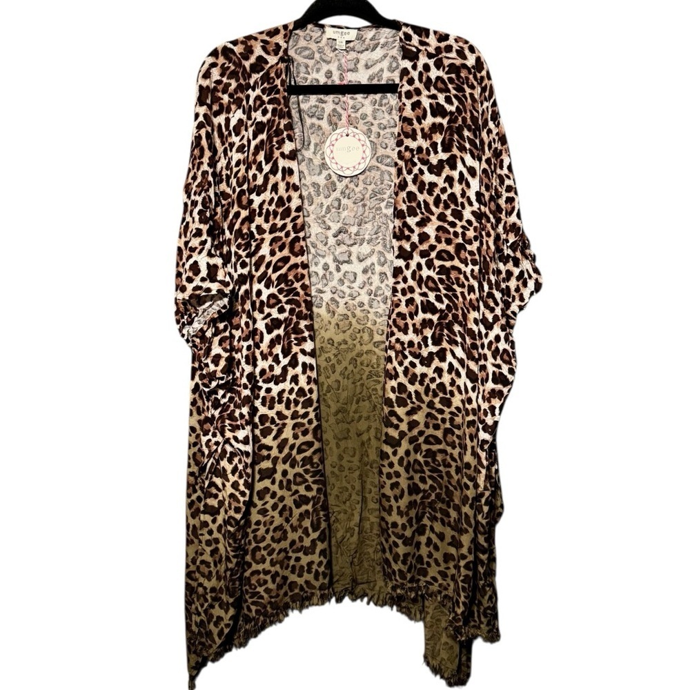 UMGEE Oversized Ombre Animal Leopard Print Frayed Hem Open Front Kimono Cardigan